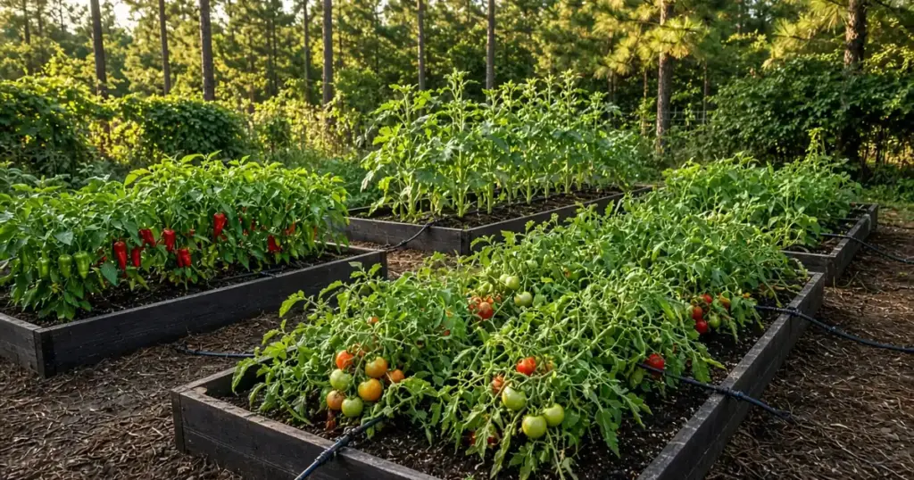 Drip irrigation lines in raised vegetable garden beds