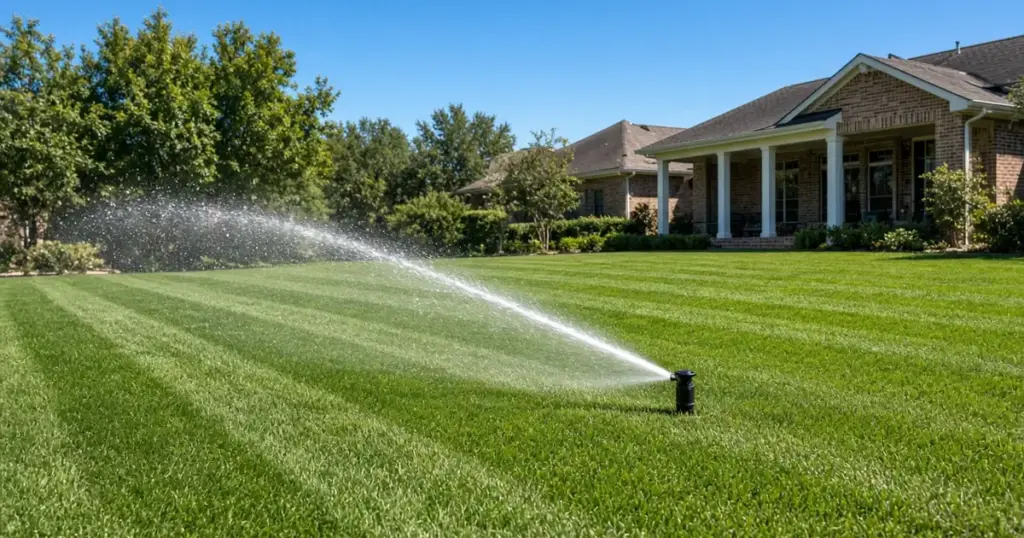 Rotor sprinkler watering a striped Bermuda grass lawn in full sun