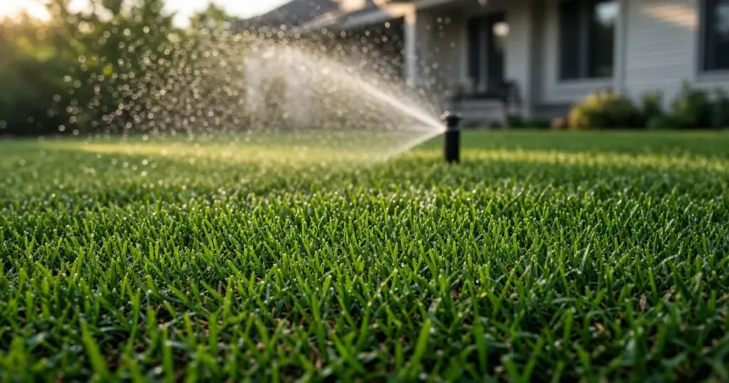 Sprinkler watering a dense zoysia grass lawn