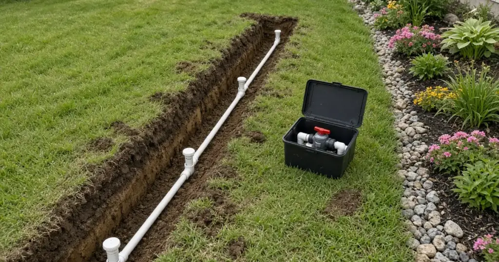 Trench with new pipe and sprinkler heads for an added zone
