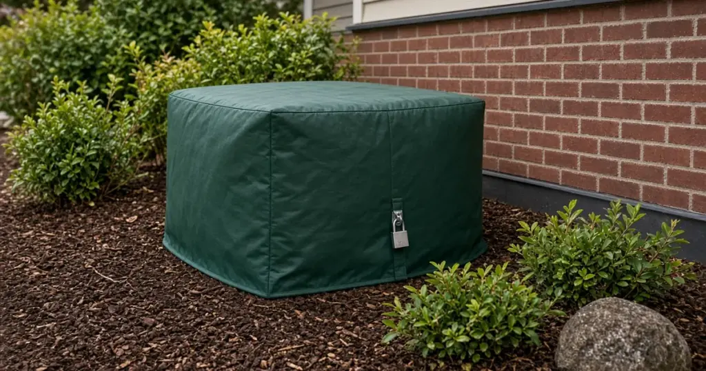 Locked insulated cover over a backflow preventer beside a house