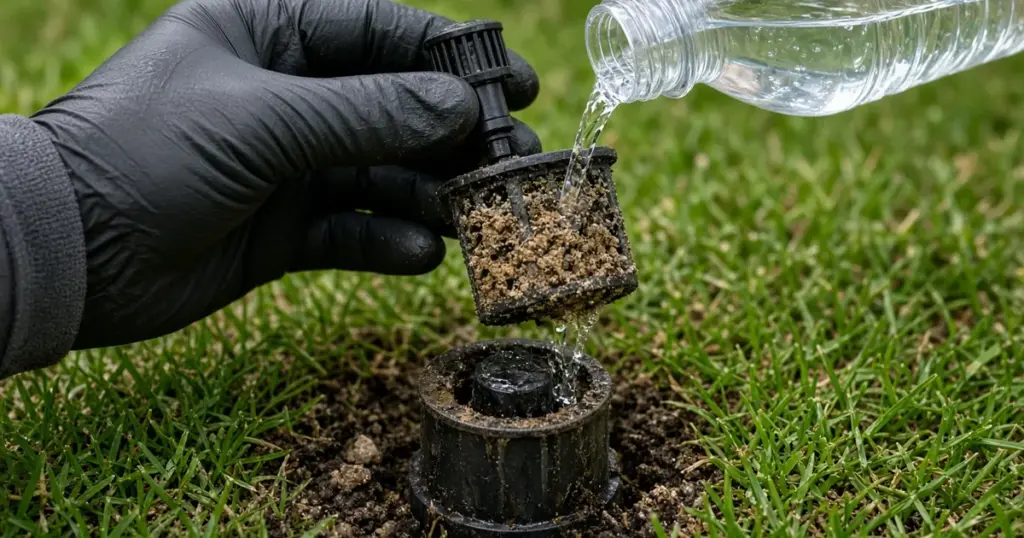 Rinsing a clogged sprinkler filter screen full of grit