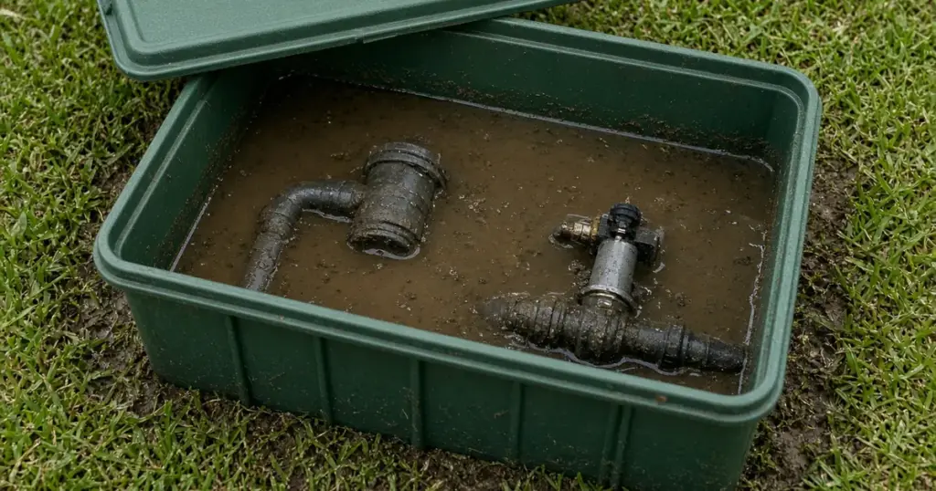Sprinkler valve box flooded with muddy water