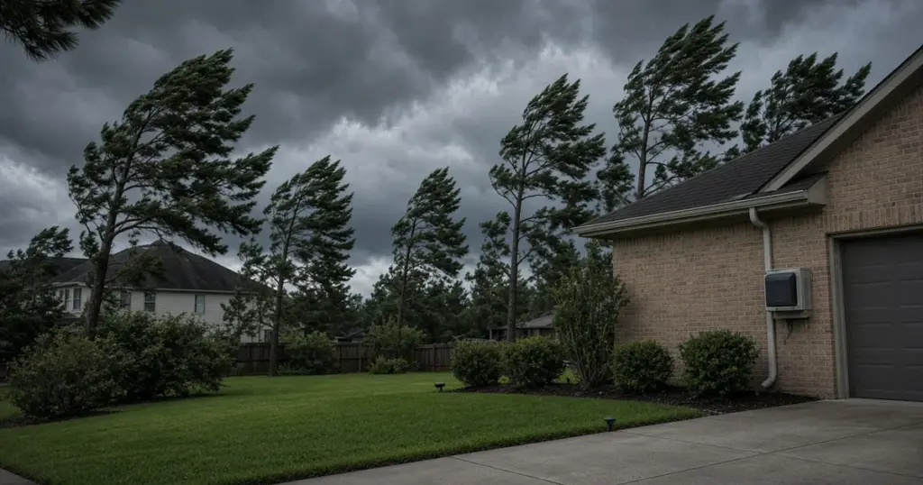 Storm clouds and wind-bent pines over a yard with sprinklers