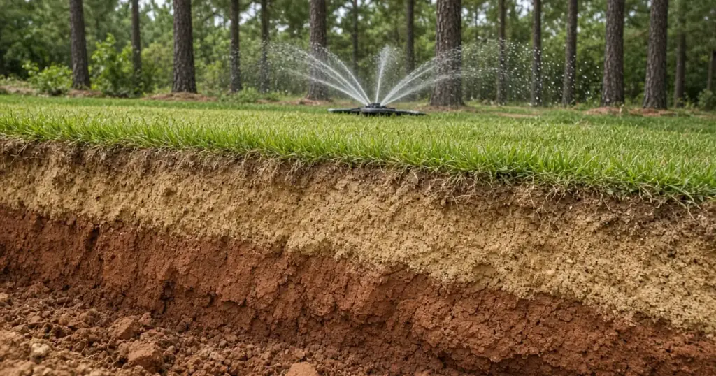Sandy loam topsoil layered over red clay beneath a watered lawn