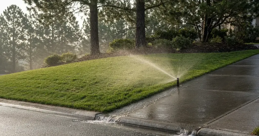 Sprinkler water running off a sloped lawn into the street