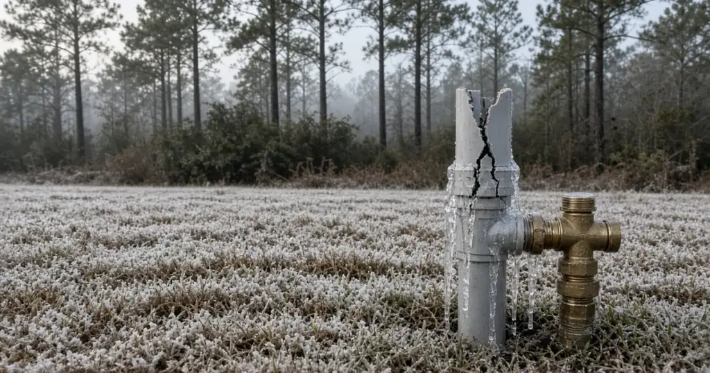 Cracked sprinkler riser with ice after a hard freeze