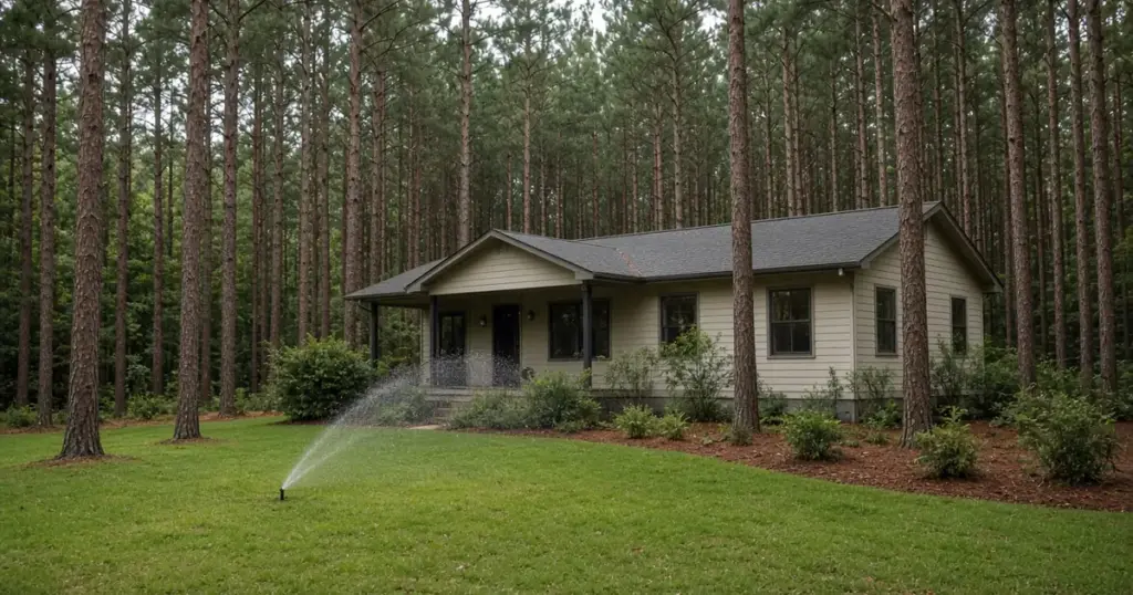 Home among tall pines with a sprinkler watering the lawn near Coldspring, TX