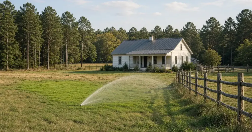 Rural farmhouse yard watered by a sprinkler near Dodge, TX