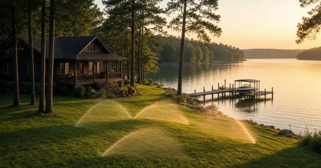 Lake house lawn with sprinklers and a boat dock near Onalaska, TX