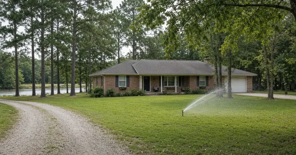 Rural brick home with a sprinkler watering the lawn near Riverside, TX