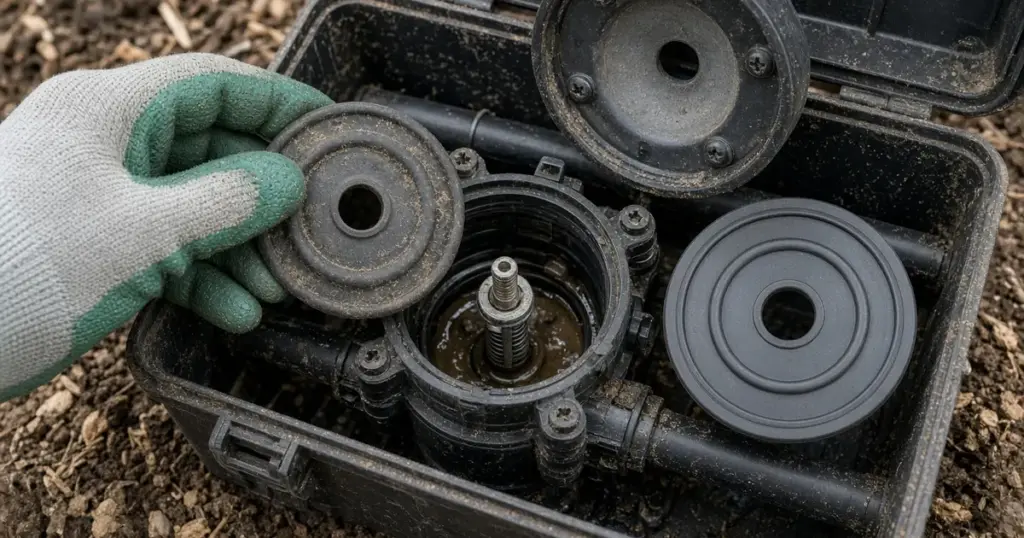 Worn sprinkler valve diaphragm next to a new replacement