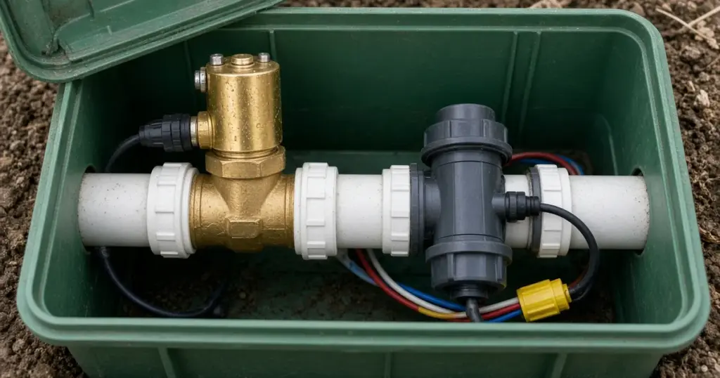 Master valve and flow sensor installed in an irrigation valve box