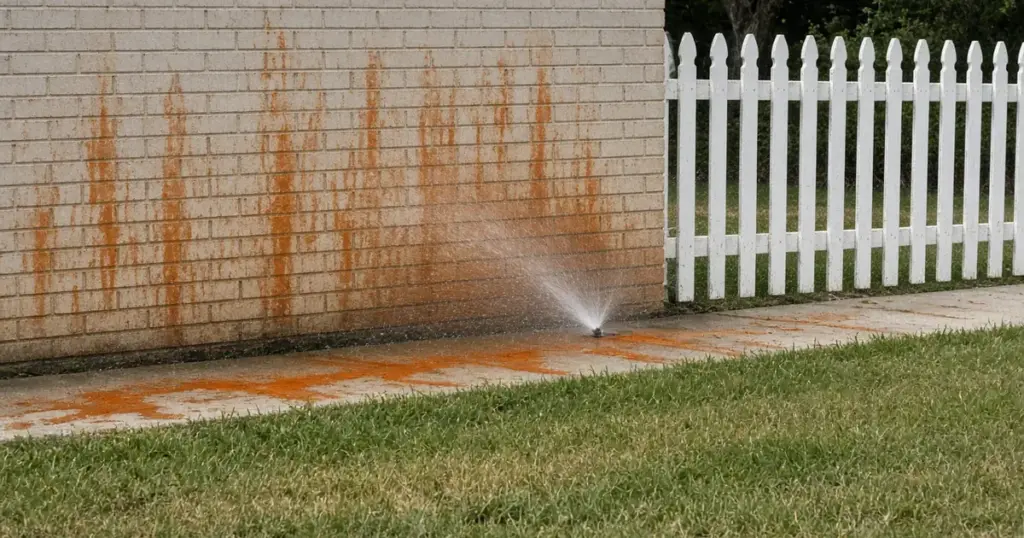 Orange iron stains on a brick wall from well-water sprinklers