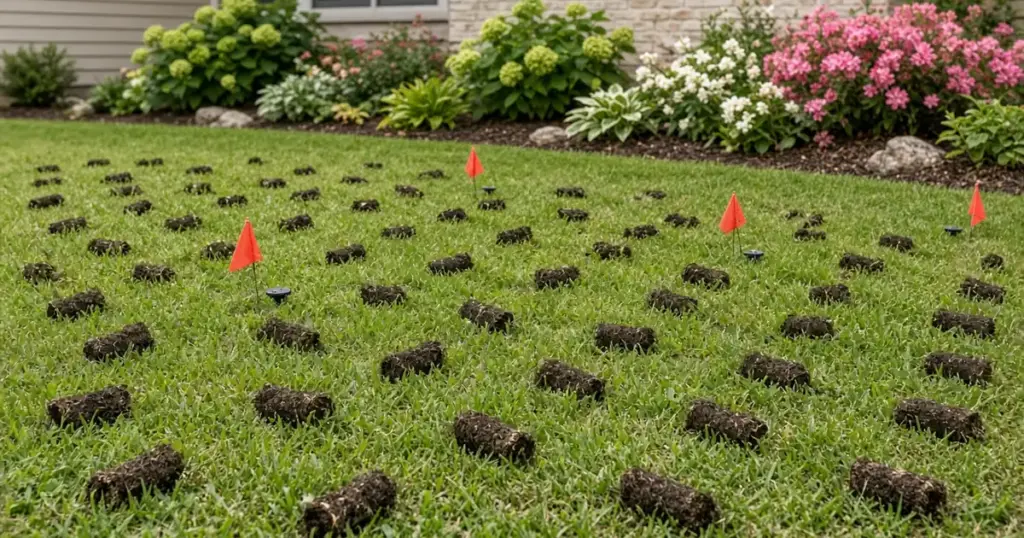 Aerated lawn with flags marking sprinkler heads