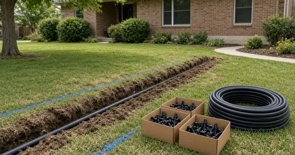 New sprinkler installation with a pipe trench and boxes of heads