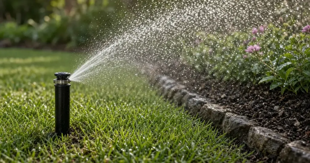 Pressure-regulated spray head watering a lawn evenly