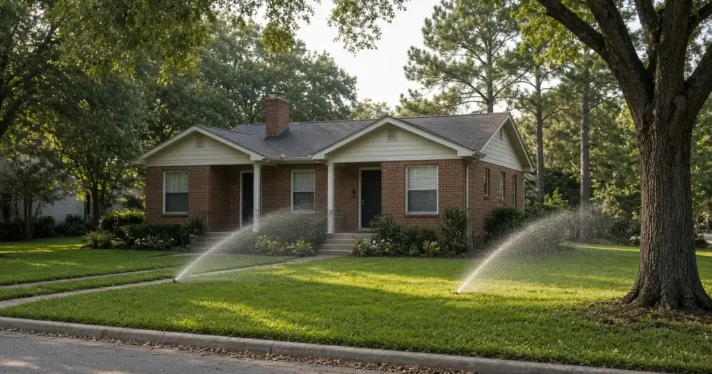Rental home lawn watered by sprinklers in a Huntsville neighborhood