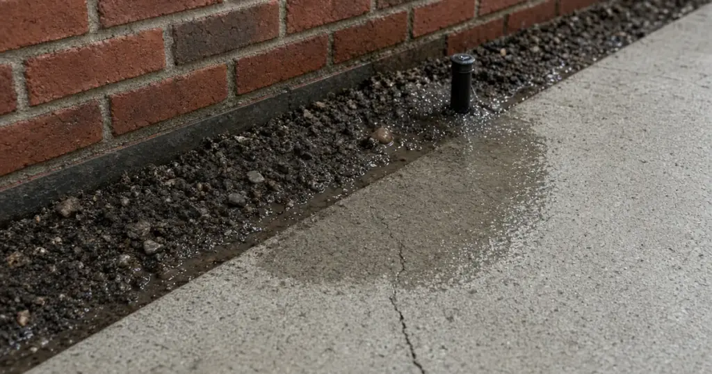Sprinkler leak pooling water between a foundation and driveway