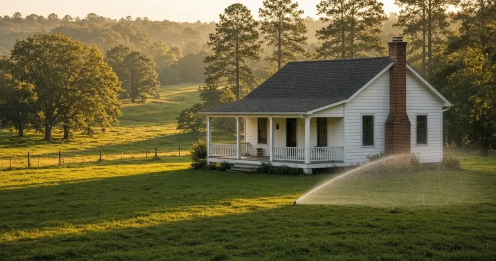 Country cottage lawn with a sprinkler near Bedias, TX