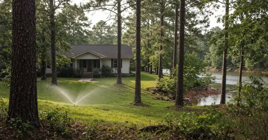 Wooded lakeside home lawn with a sprinkler near Pointblank, TX