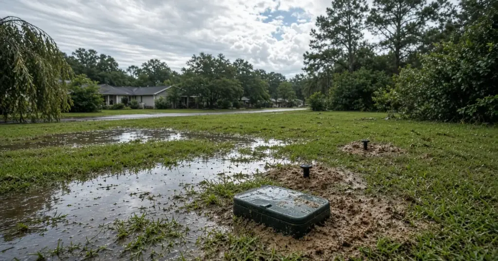 Flooded lawn with silt around sprinkler heads after heavy rain