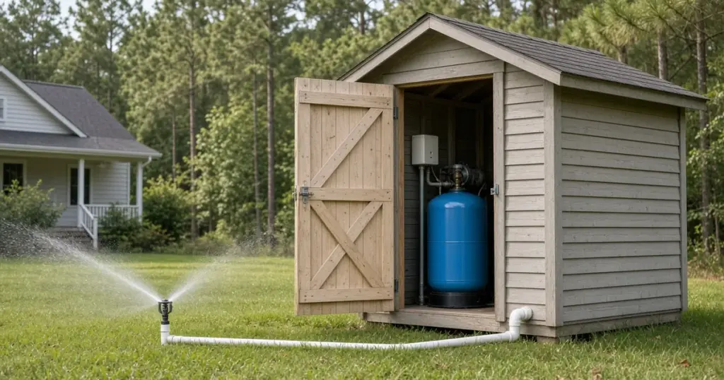 Well pump house with a pressure tank supplying a lawn sprinkler