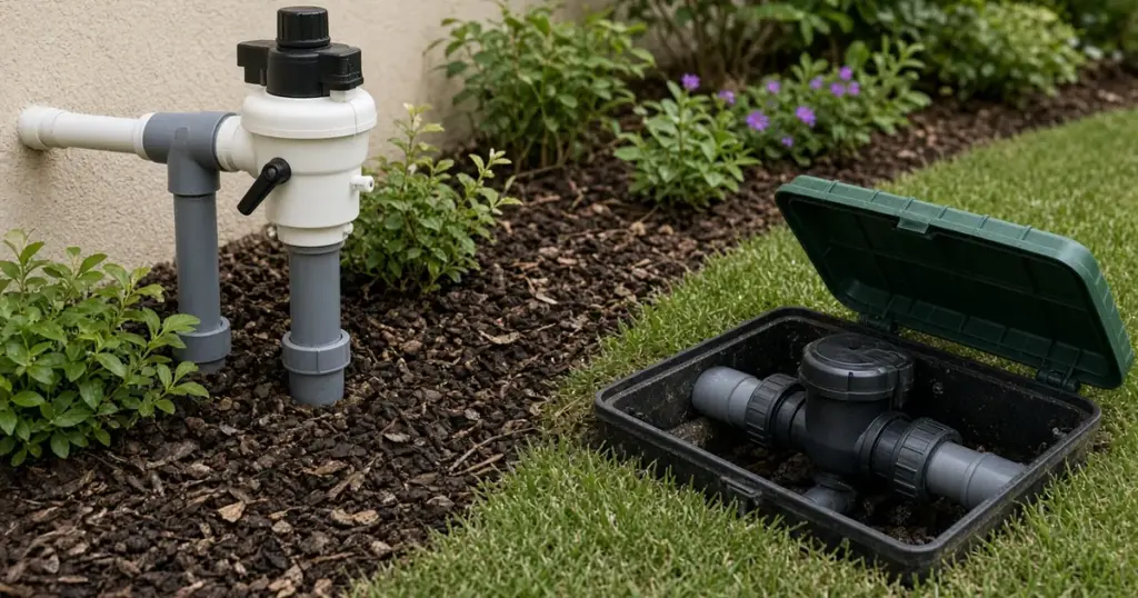 Anti-siphon sprinkler valve beside an inline valve in a valve box