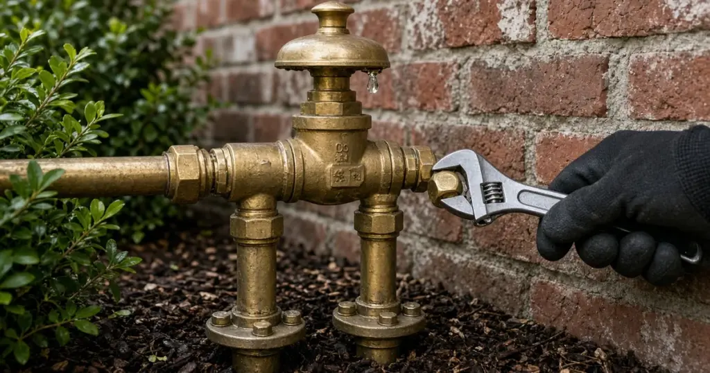 Backflow preventer being checked beside a home in Huntsville, TX