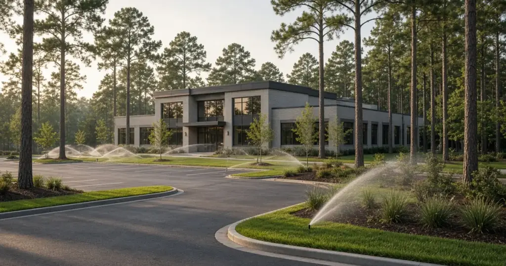 Rotor sprinklers watering commercial landscaping in Huntsville, TX