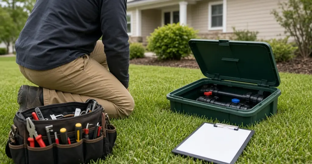 Irrigation technician kneeling at an open sprinkler valve box