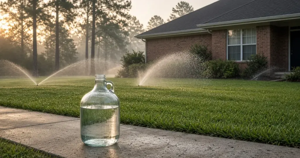 Gallon jug of water beside a lawn being watered by sprinklers