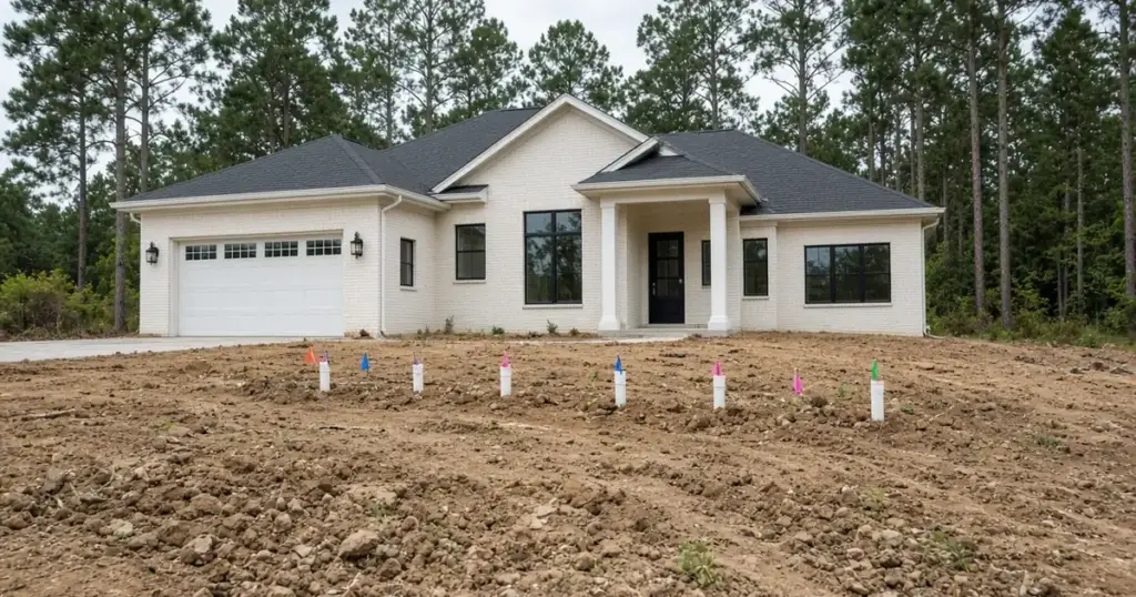 New construction home with irrigation stub-outs in a graded yard
