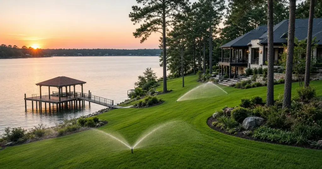 Sprinklers watering a sloped lakefront lawn at sunset