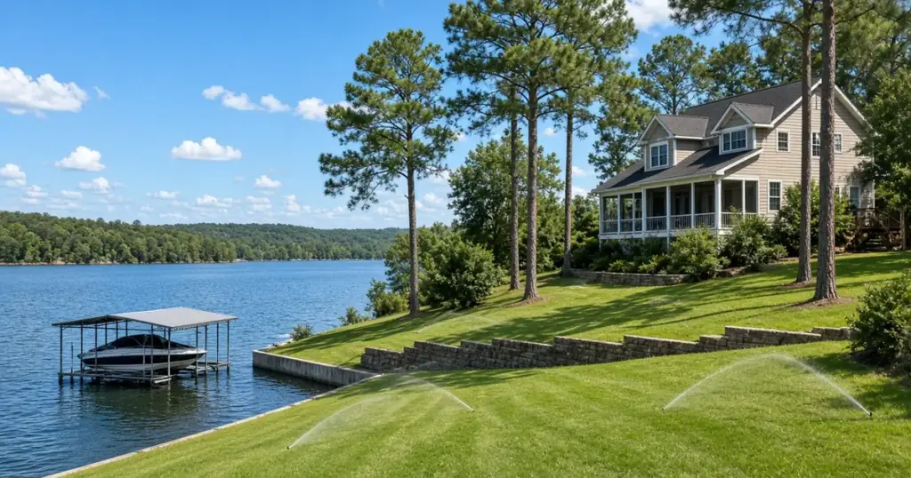 Sprinklers on a terraced lakefront lawn with a boat lift