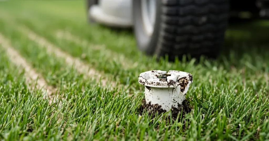 Sprinkler head broken by a lawn mower