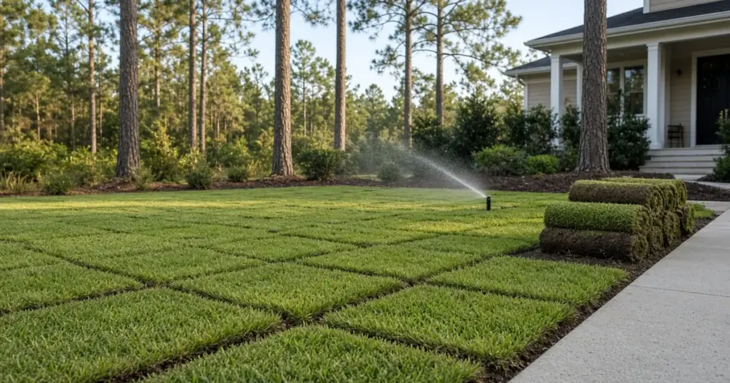 Sprinkler watering freshly laid St. Augustine sod