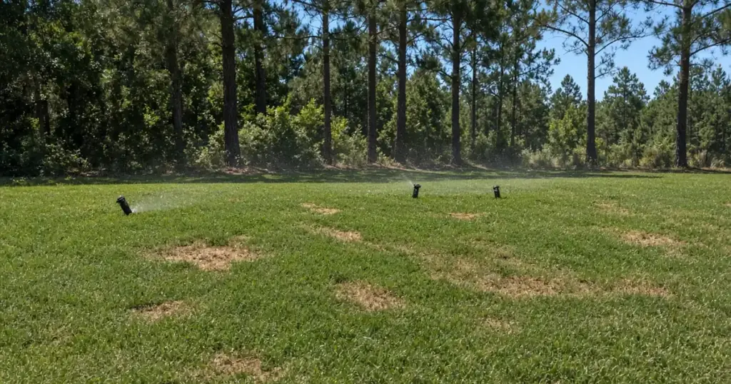 Brown spots in a St. Augustine lawn from uneven sprinkler coverage in Huntsville, TX