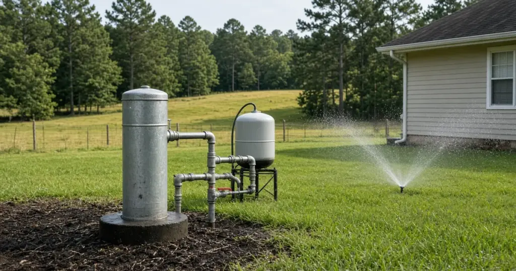 Private water well and pressure tank beside a rural lawn sprinkler