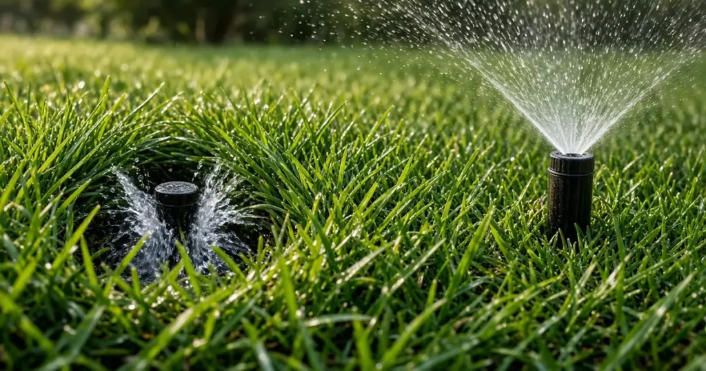 Sunken sprinkler head blocked by St. Augustine grass next to a properly raised head
