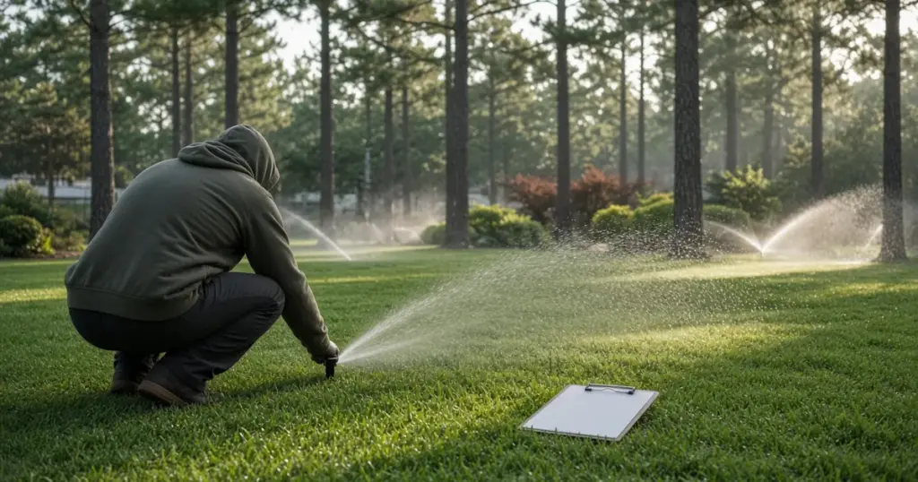 Sprinkler system inspection on a residential lawn in Huntsville, TX