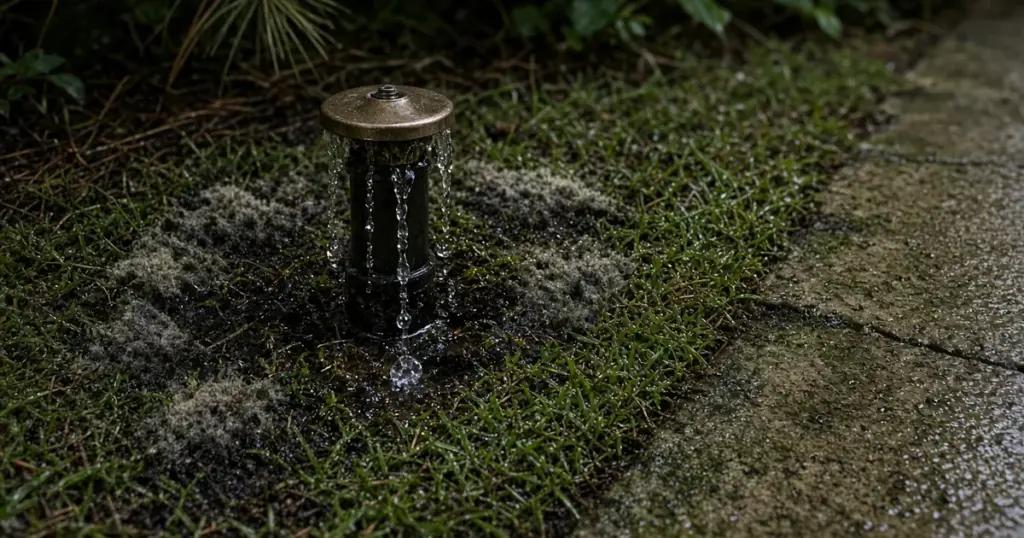 Leaking sprinkler head causing soggy turf and fungus in humid Huntsville, TX