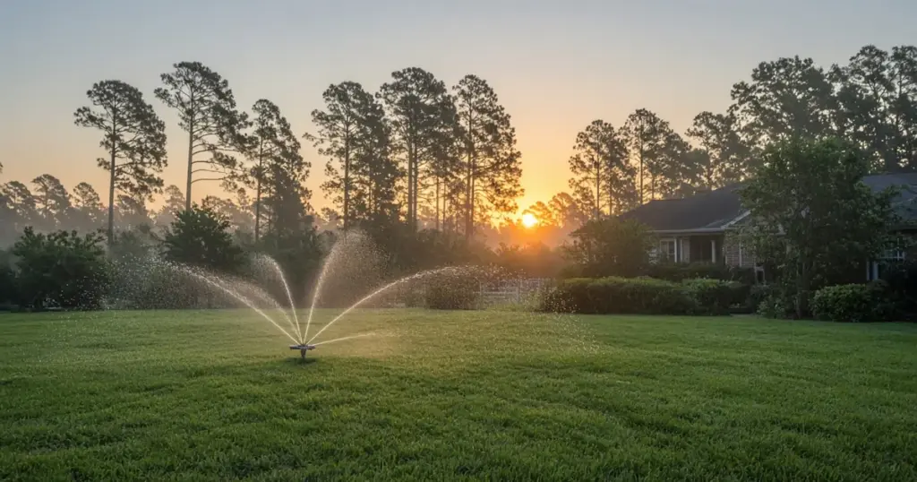 Sprinkler watering a lawn at sunrise on a hot summer day