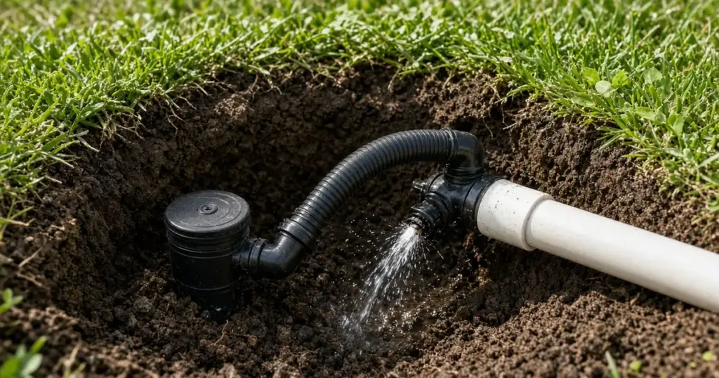 Leaking funny pipe fitting connecting a sprinkler head to PVC