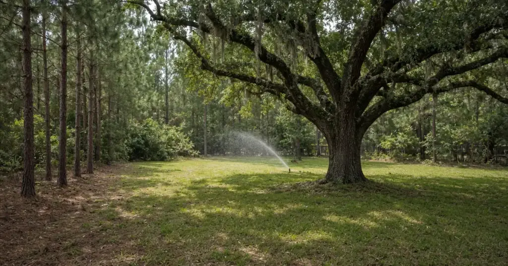 Sprinkler watering a shady lawn under pines and a live oak
