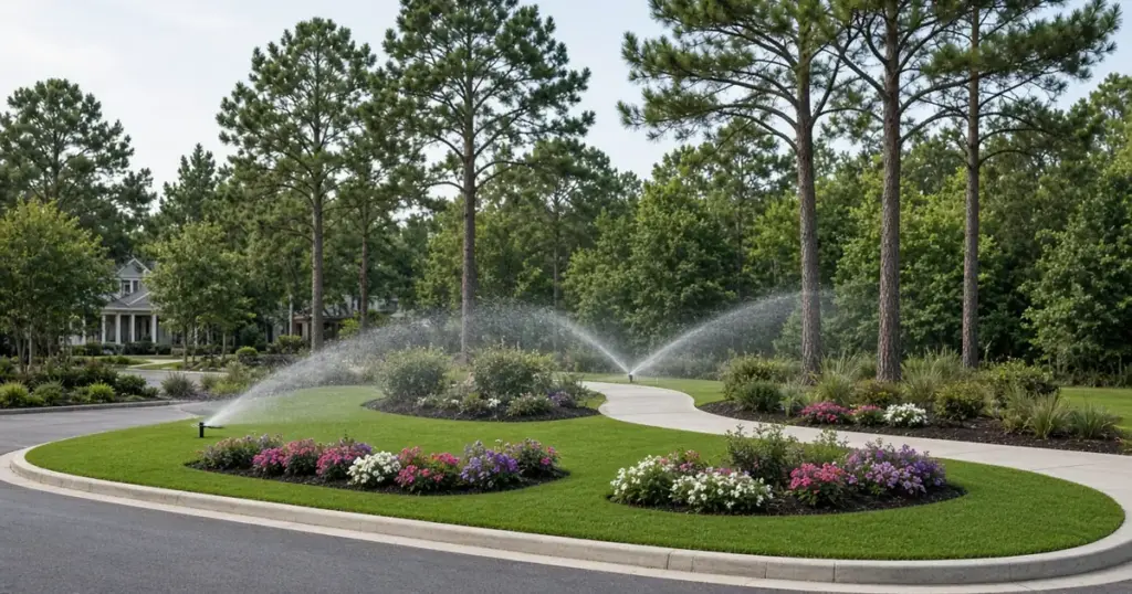 Sprinklers watering an HOA common-area entrance median