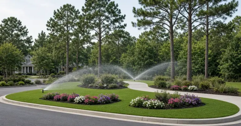 Sprinklers watering an HOA common-area entrance median
