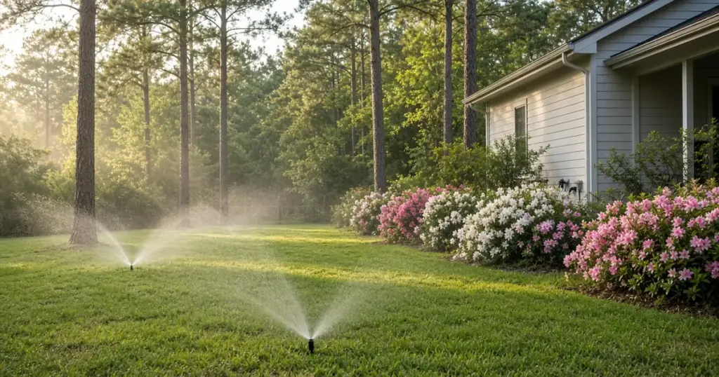 Sprinklers running in spring beside blooming azaleas